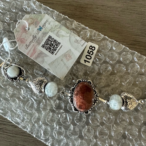 1058 Red Aventurine Rainbow Moonstone Bracelet Silver Statement Jewelry - Picture 10 of 10